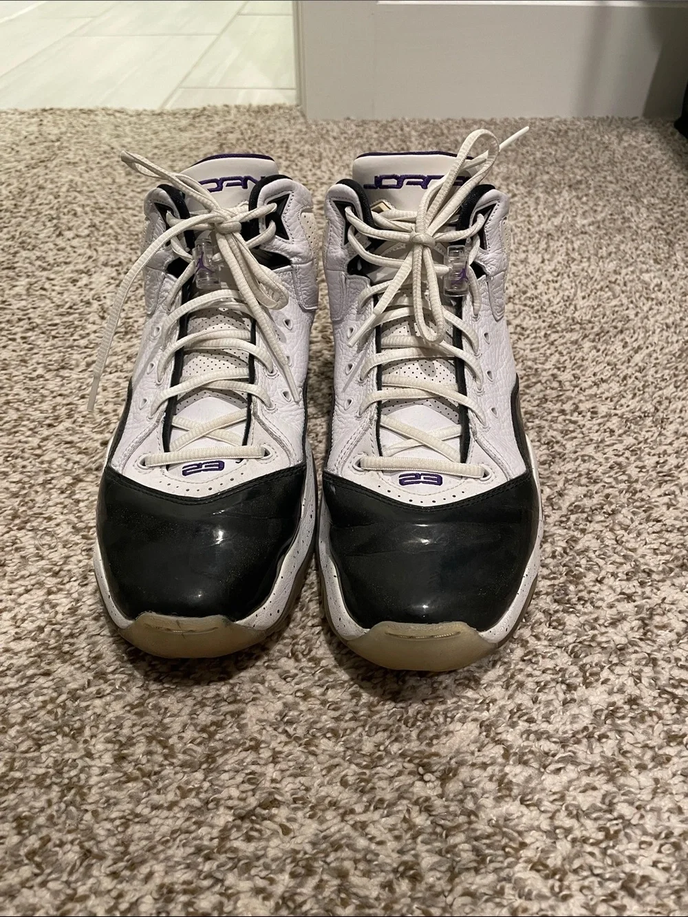 Jordan White, Black and Purple High-Top Basketball Shoes